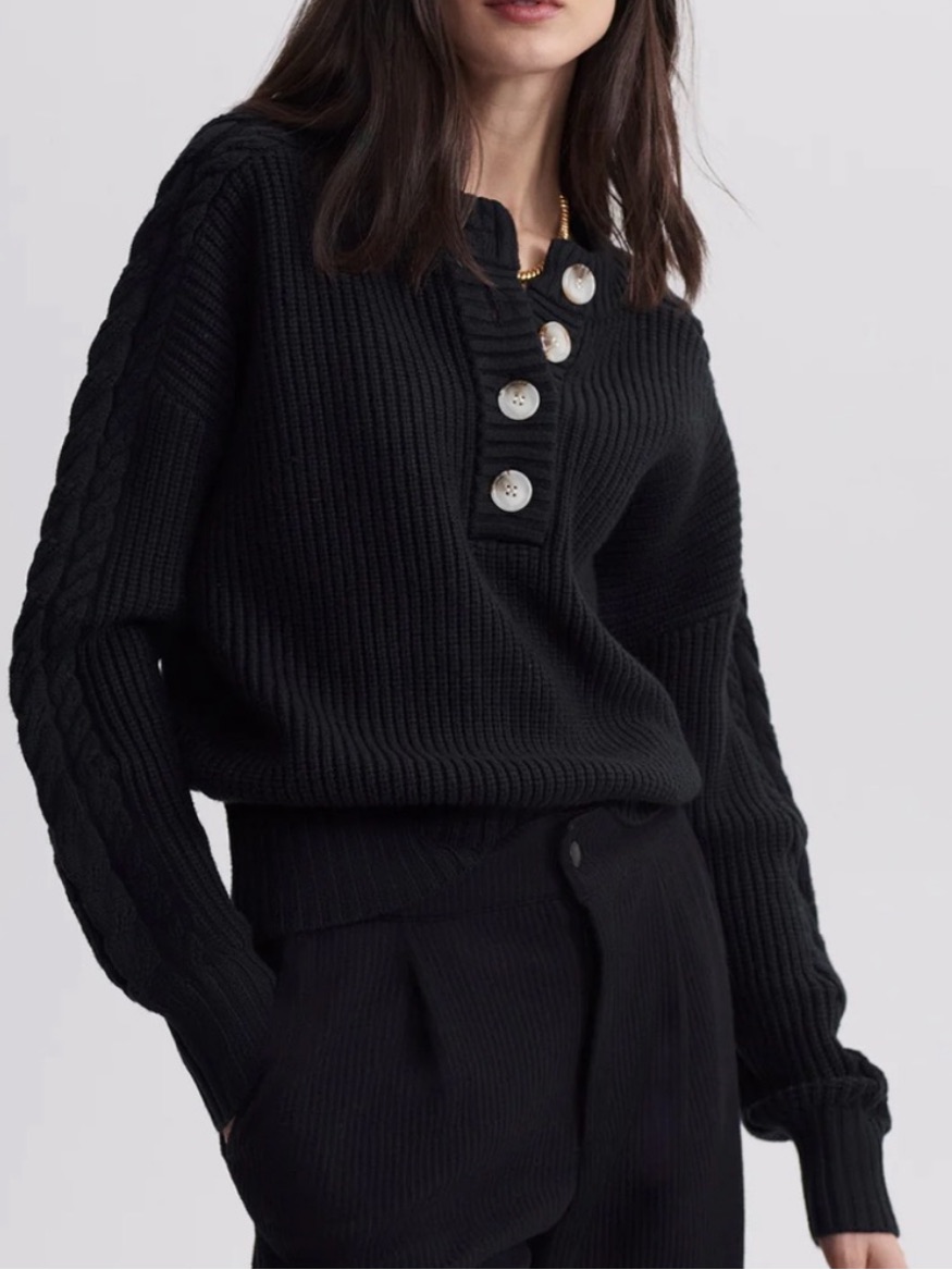 Varley Black Vera Button Neck Chunky Henley Pullover Sweater, S
